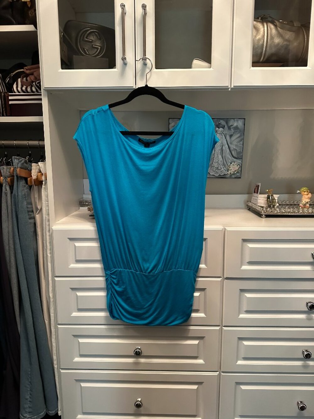 Boston Proper Wide Neck Blouson Top with Ruched Gathered Waist Size Small